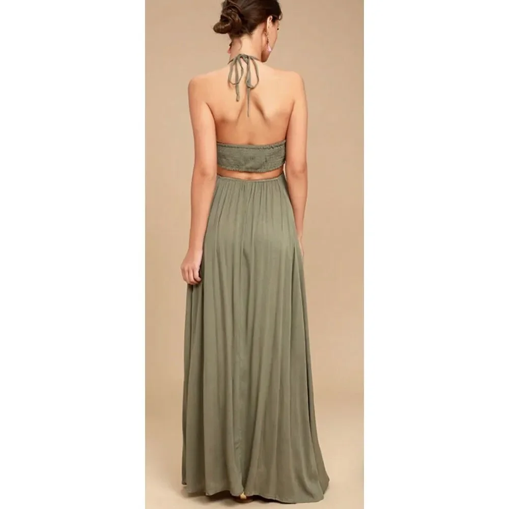 Lulus Little Beach Olive Green Lined Cutout‎ Embroidered Maxi Dress NWT L - Picture 3 of 15